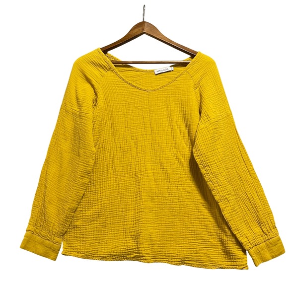 MISSLOOK Tops - Misslook Blouse Womens Large Mustard Yellow‎ Gauze Crinkle Top Boho Minimalist